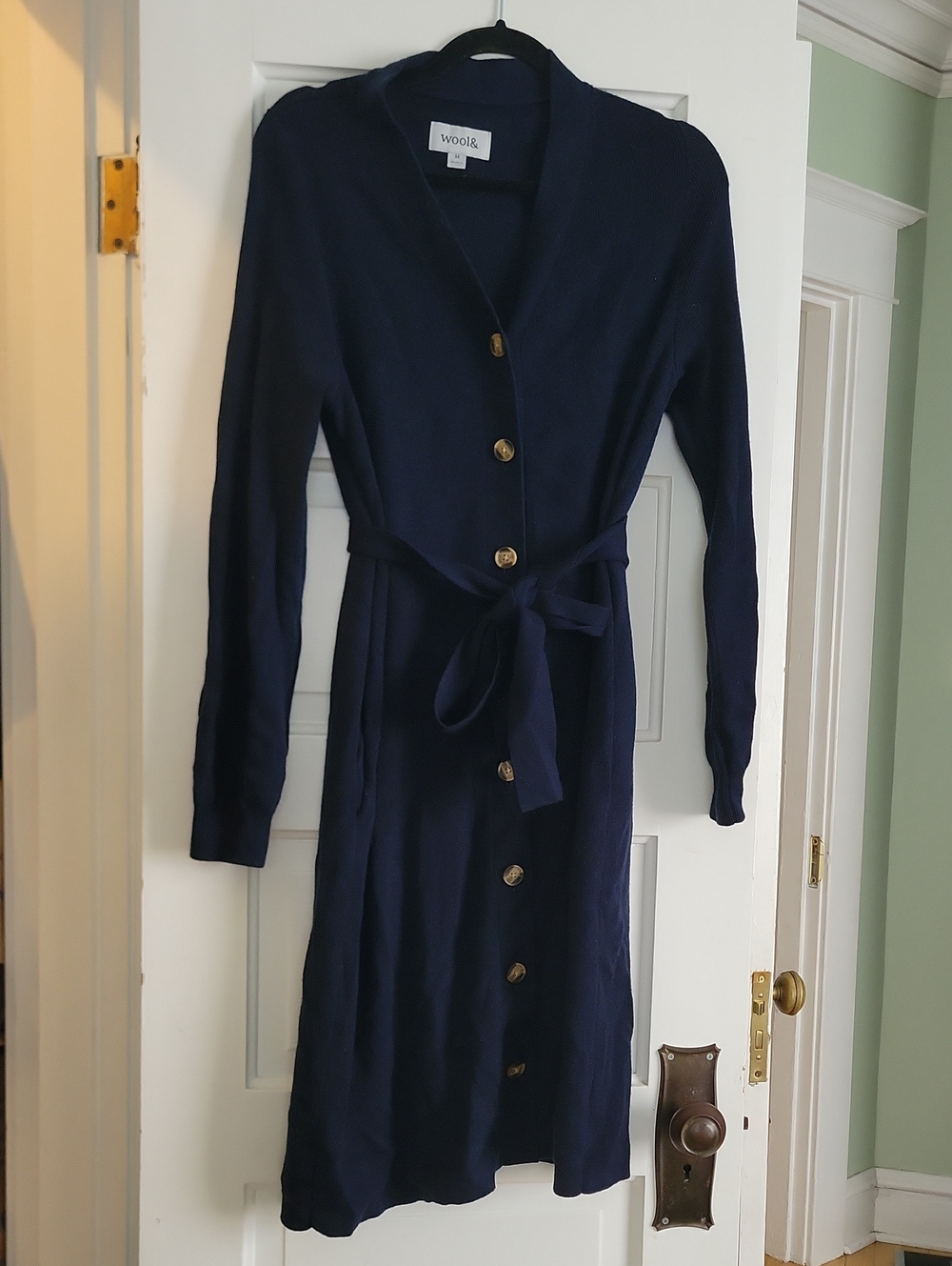 Wool & Navy Long-Sleeve Button Front Belted Button Merino Cardigan Dress - M